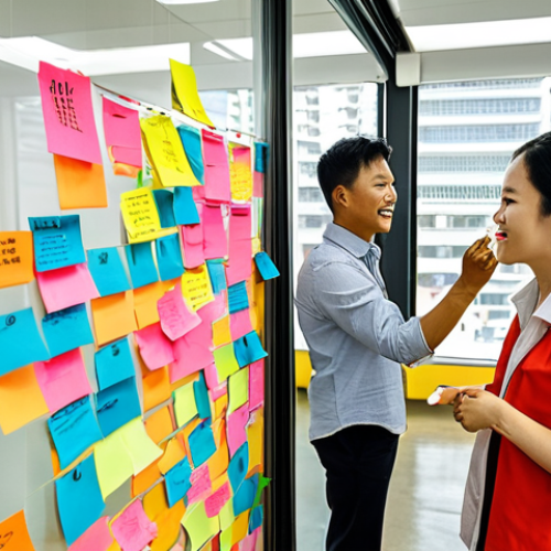 **

"A vibrant brainstorming session in a modern office space in Ho Chi Minh City. Diverse team members are enthusiastically sharing ideas written on sticky notes attached to a glass wall. Focus on creative energy and collaboration, possibly incorporating traditional Vietnamese art elements in the background."

**